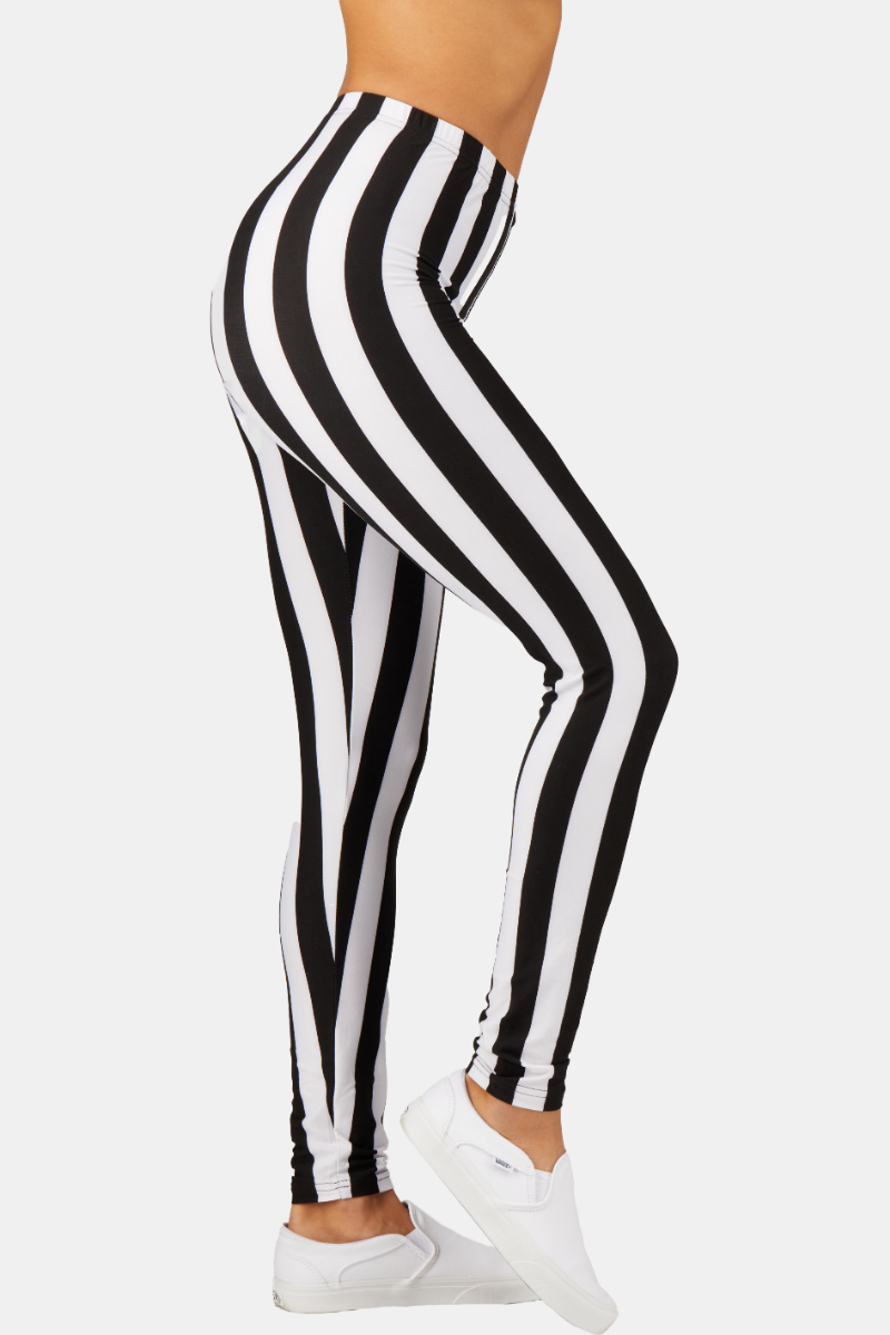 Printed Leggings High Waisted Black and White Color with Striped